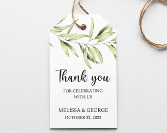 Botanical Wedding Favor Tag, Watercolor Greenery Thank You Tag, Willow Green Leaf Gift Label, Bridal or Baby Shower Personalized Party Tag.