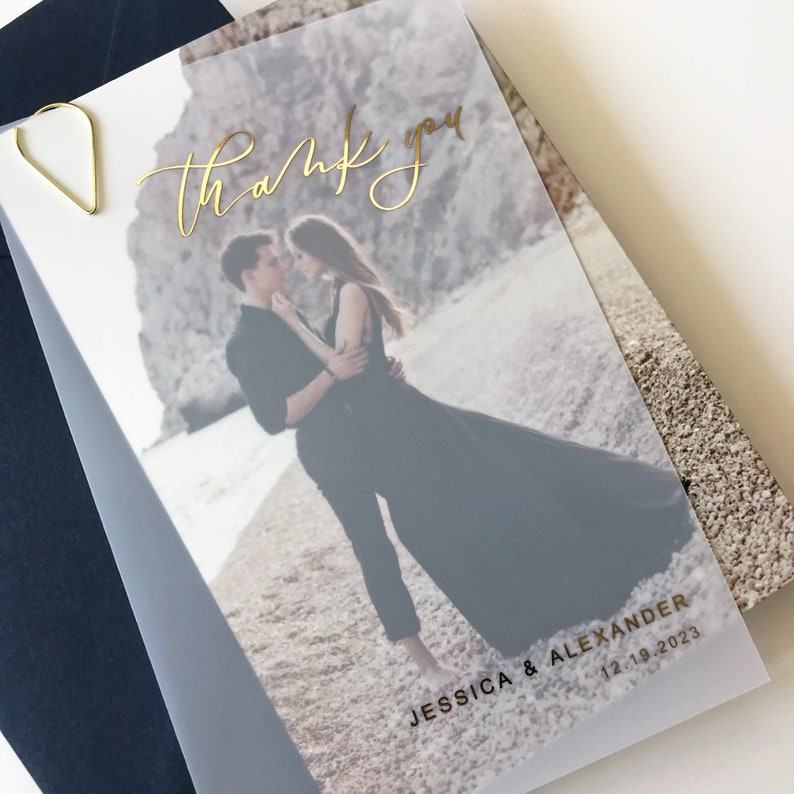 Wedding Thank You Vellum Card with Gold Foil. Semi Transparent, Frosted Layered Card with Bride and Groom Photo Backing Rose Gold, Silver image 2