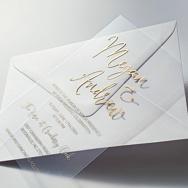 Faire-part de mariage en acrylique transparent avec feuille d'or. Invitation de luxe avec feuille d'or rose, d'argent ou holographique image 5