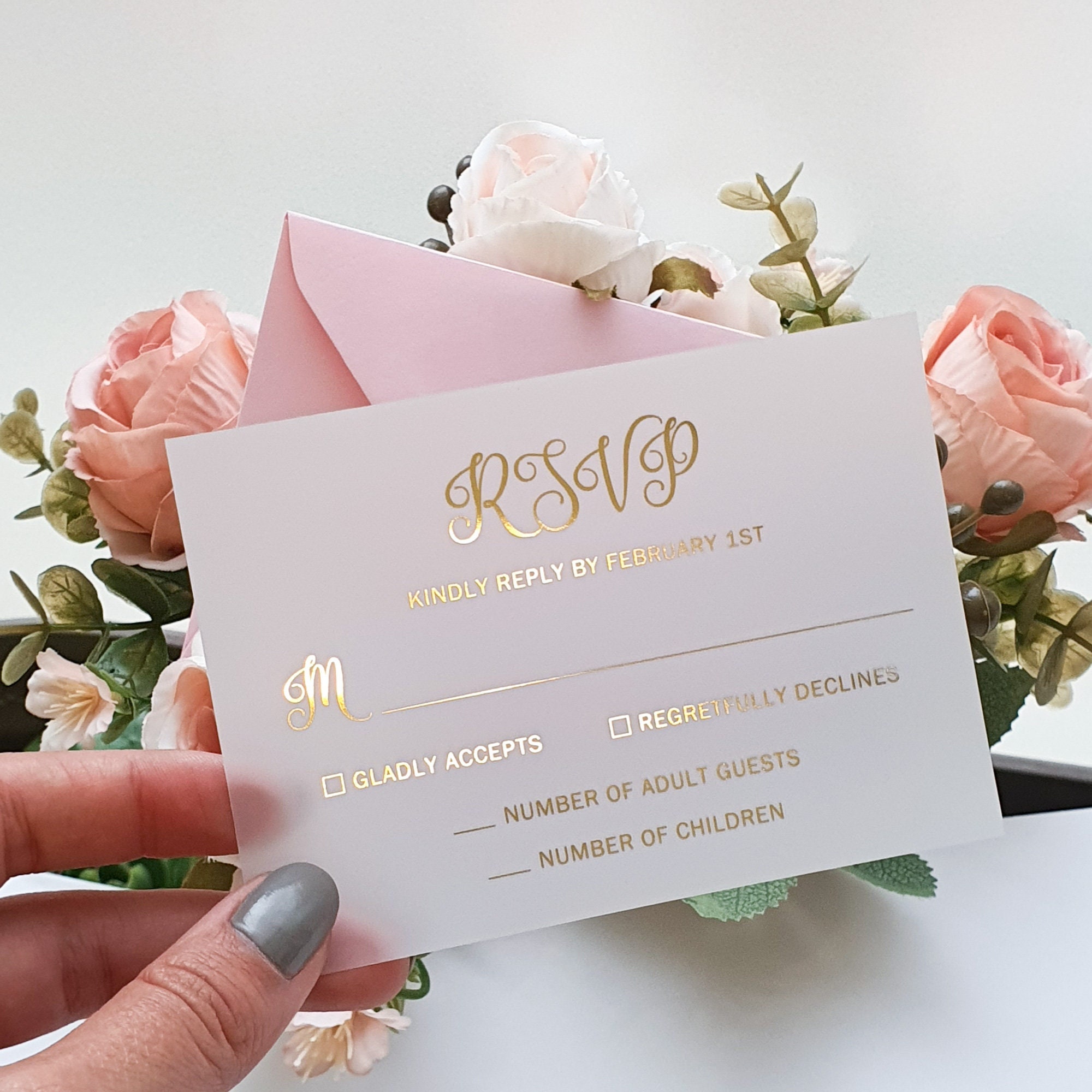 Gold Foil Vellum RSVP Card & Envelope. Wedding Invitation Reply Insert - Clear Acrylic, Black or White Cardstock, Rose Gold or Silver Foil.