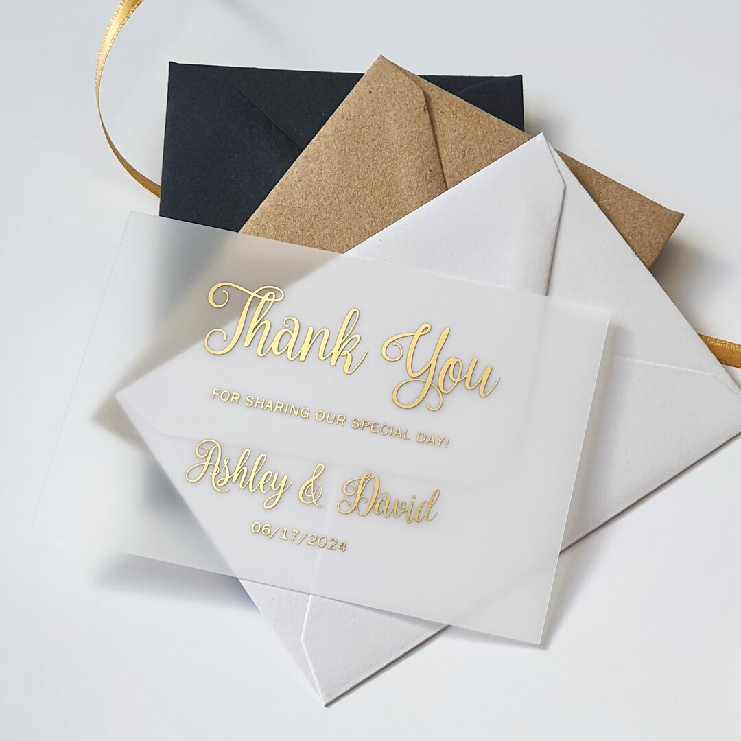 Gold Foil Vellum Thank You Card & Envelope. Wedding Invitation Insert