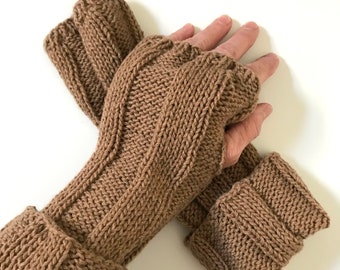 Hand knit pure camel wool fingerless gloves