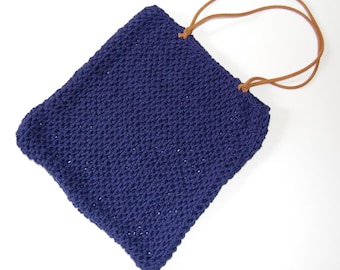 Hand knit crochet bag with suede handles