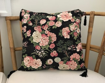 Vintage print pillow cover with tassels