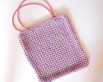 Hand knit crochet bag with napa leather handles