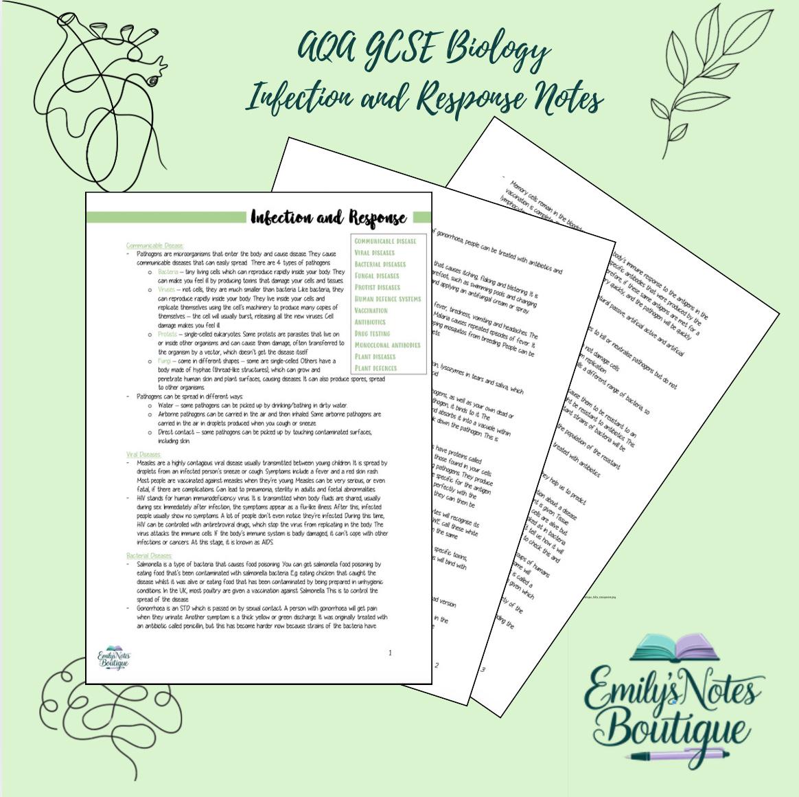 AQA GCSE Biology Revision Notes Topic 3 (infection and Response) - Etsy UK