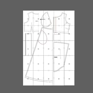 以下が含まれることがあります： 白黒の縫製パターンがグリッド上に配置されています。 パターンピースには文字と数字が付けられており、胴体、袖、その他の衣服コンポーネントの形状が含まれています。 パターンはドレスまたはトップス用です。