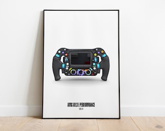May include: A black steering wheel with a digital display and various buttons and switches. The steering wheel is labeled "AMG VOL3 1 PERFORMANCE CODE 413".