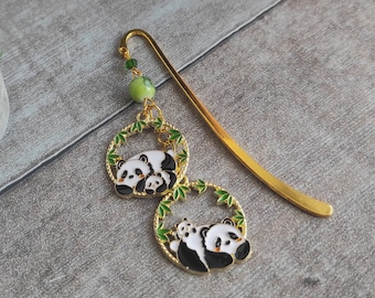 Asia-inspired bookmark, pandas, bamboo, glass beads, parent-child duo