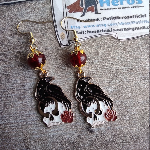 Raven earrings, plague doctor, skull, roses