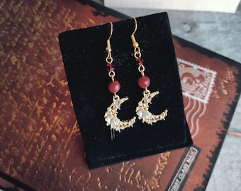 Boucles d'oreilles doré collection astral, lune , perles de verre et naturelle, crochet en acier inoxydable