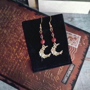 Golden earrings astral collection, moon, glass and natural beads, stainless steel hook