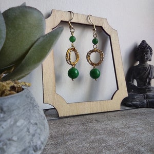 Boucles d'oreilles pendantes dorées avec perles en jade naturelle, crochet en acier inoxydable image 4