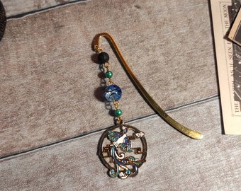 Phoenix bookmark, blue phoenix, glass beads and lava stone