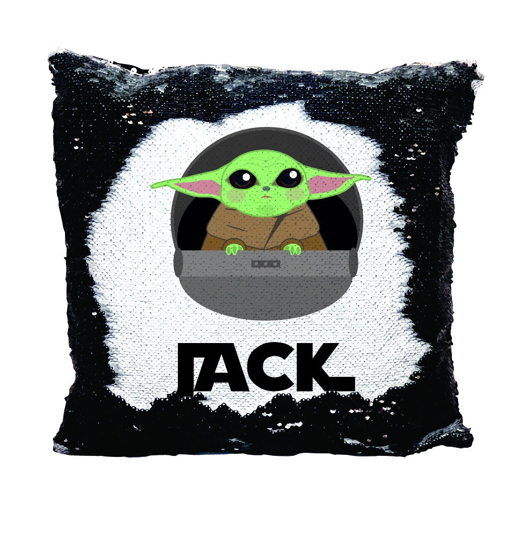 Personalised Baby Yoda Cushion With Name Kids Sequin Pillow Etsy