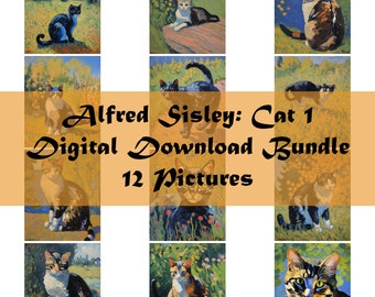 Cats in Alfred Sisley Style | JPG Download Bundle | 12 Pictures High Resolution Impressionism | Impressionistic Painting Cat Cats