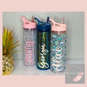 Water Bottle With Straw - Personalised | Confetti | Art Deco | Elephant | Leopard Print | Rainbow | Speckled Black | Flamingo | - 700ml