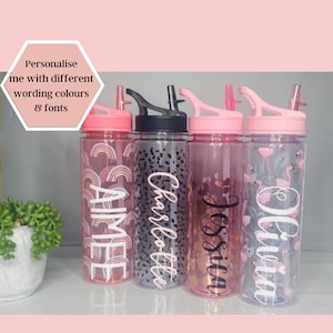 Water Bottle With Straw - Personalised | Leopard Print | Rainbow | Speckled Black | Flamingo | Bee | Unicorn