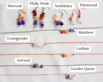 Joyería con la bandera del orgullo de cristal, collar, pendientes y pulsera LGBTQ+ hechos a mano.