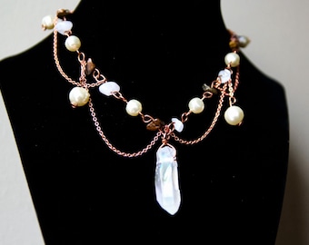 Rose Gold CrystalAura Quartz Point & Pearl Choker Necklace, Statement, Handmade