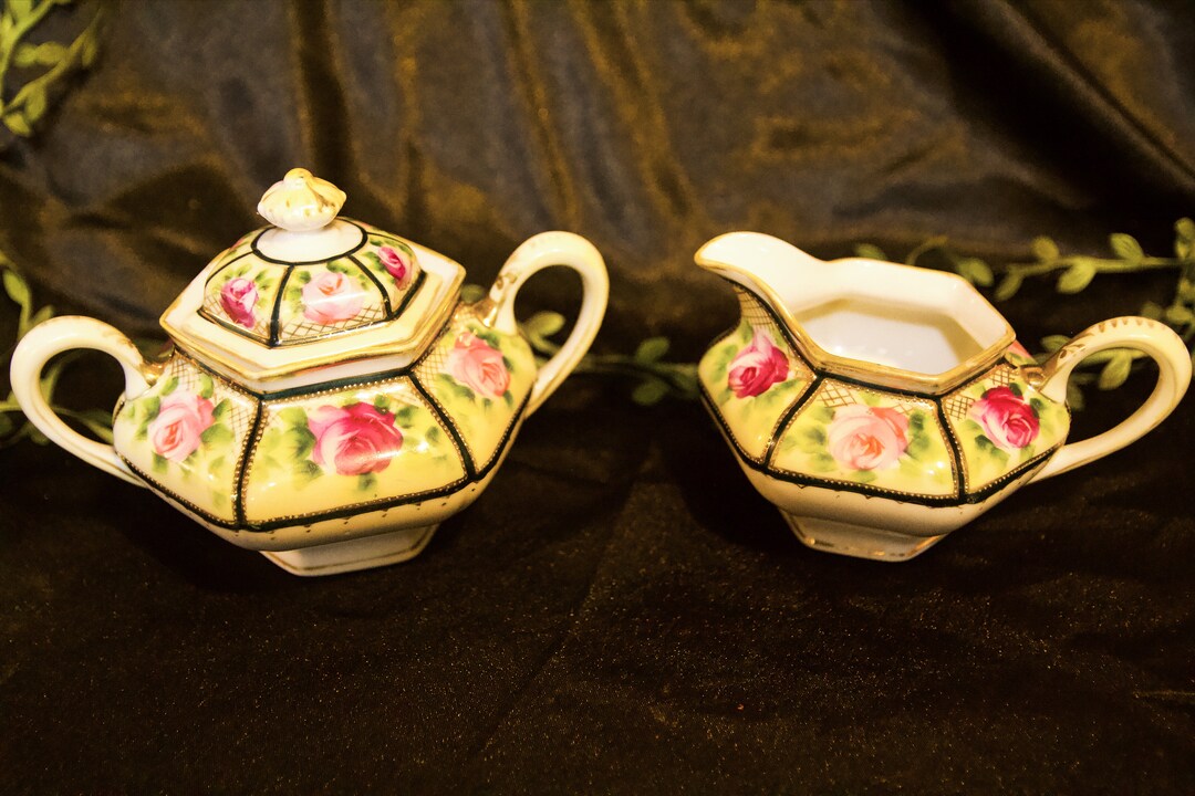 Vintage Rose Teapot and Creamer Tea Set, Victorian, Gold, Green, Floral Etsy