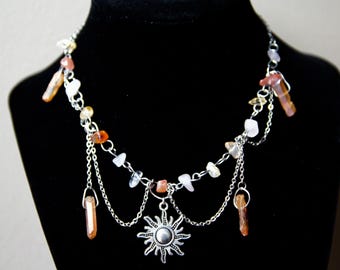 Handmade Crystal Choker Necklace, Silver Sun Charm, Witchy Jewelry