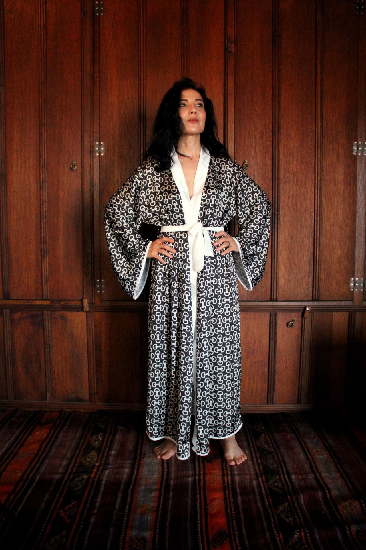 Luxury long silk dressing gown black pattern womenBrides Gift Etsy