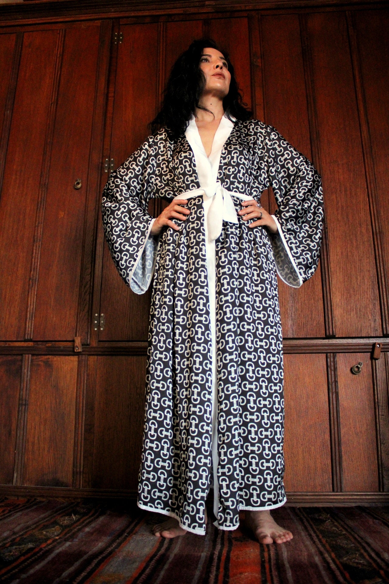 Luxury long silk dressing gown black pattern womenBrides Gift Etsy