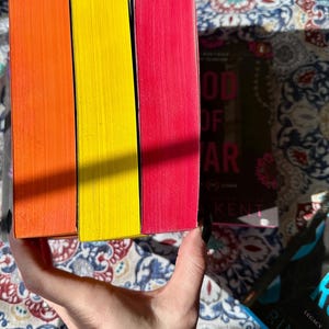 A complete 6-book set of Rina Kent's Legacy of Gods series featuring custom sprayed edges. The book edges are airbrushed in a solid rainbow gradient of red, purple, orange, blue, yellow, and pink to perfectly match the original covers. The books are stacked on a white shelf in a minimalist "BookTok" aesthetic style.