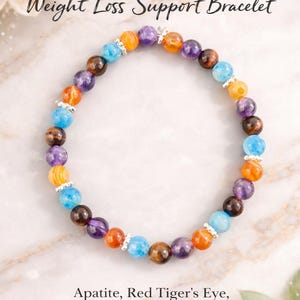 May include: A colourful beaded bracelet with the text "Weight Loss Support Bracelet". The bracelet features blue, orange, purple, and brown gemstones. The bracelet is made with Apatite, Red Tiger's Eye, Amethyst & Carnelian.