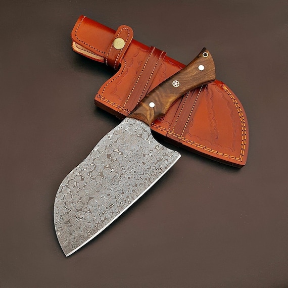 Custom Handmade Damascus Steel Burl Wood Clever Knife With Leather Sheath .  Chef Knives Clever Knives .special for Kitchen . 