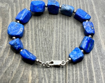 Chunky, Heavy, Vintage Lapis Lazuli Bracelet, Sterling Silver