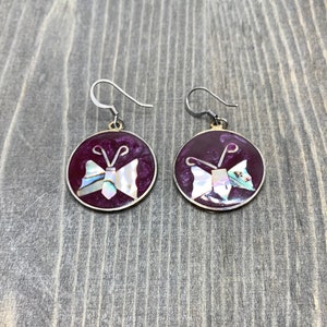 Pair of Vintage Mexico Alpaca Silver Inlaid Butterfly Dangle Drop Earrings, Mother of Pearl.
