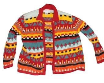 Colorful Geometric Button Cardigan Unique Eccentric 90s Clowncore Large Medium Clown Unique 80s Retro Sweater Vintage Coogi Style Pattern