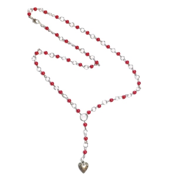 Vampire rosary style heart silver beaded necklace faux pearl red beads beaded handmade goth gothic dainty jewelry alternative androgynous