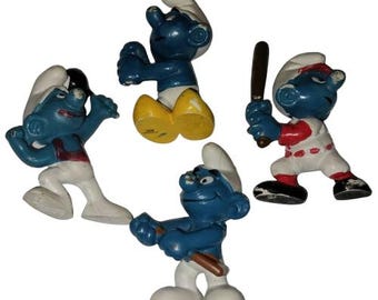 Lot Bundle of 4 PEYO Schleich Smurf PVC Figure Toy Vintage Red Yellow Sports Sport 1978 70s 1970s Original Weight Hunting Baseball Set