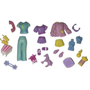 May include: A collection of miniature plastic toys in various colors. Includes clothing items like shirts, pants, and shorts, along with accessories such as a horse, star, slippers, and popcorn. The color palette features shades of blue, purple, yellow, and pink.