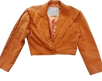 unique vintage suede fringe jacket cropped tassel 80s 1980s 70s 1970s western blazer unisex androgynous crop real leather orange rare