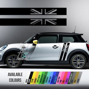 以下が含まれることがあります： 側面に黒と白のユニオンジャックのデカールが貼られた白いミニクーパー。車はグレーの背景に置かれています。車の下に利用可能な色が表示されています: 白、黒、黄、オレンジ、アップルグリーン、ミディアムグリーン、ダークグリーン、ターコイズ、ライトブルー、ミディアムブルー、ダークブルー、ライトピンク、ピンク、レッド、パープル、チャコールグレー、グレー、ゴールド、シルバー。