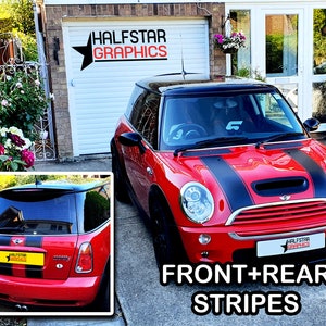 Mini Cooper bonnet and boot stripes, stripes for hood, racing decoration decals, adhesive vinyl graphics, front and rear stripes for mini