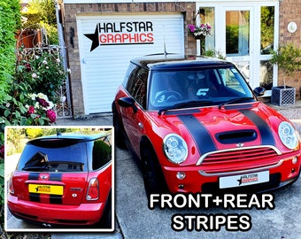 Mini Cooper bonnet and boot stripes, stripes for hood, racing decoration decals, adhesive vinyl graphics, front and rear stripes for mini
