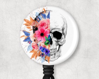 Floral Skull Badge Reel - Retractable Skull Badge Reel - X-Ray Tech Badge - Radiology Badge Reel - Heavy Duty Badge Reel Clip
