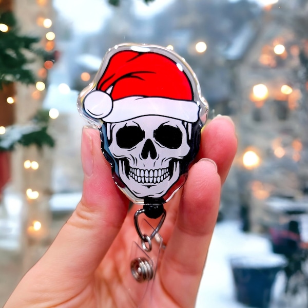 Christmas Badge Reel - Xray Badge - Nurse Badge Reel - Skull Santa Badge - Gift for Nurse, Skull Badge Reel,  Glitter Badge, Radiology Badge