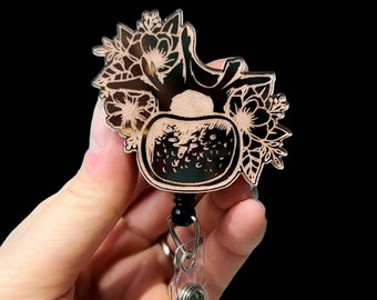 Floral Vertebra Badge Reel - Neurology Badge Reel - Neuro ICU badge - Nurse Badge Reel - Rose Gold Badge - Spine Badge Reel