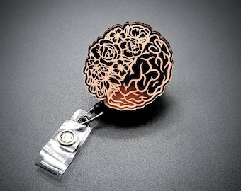 Floral Brain Badge Reel - Neurology Badge Reel - Neuro ICU badge - Nurse Badge Reel - Rose Gold Badge - Neurosurgeon Badge - Anatomy Badge
