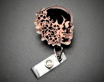 Floral Skull Badge Reel - Nurse Badge Reel - Xray badge - Radiology Badge Reel - Rose Gold Badge - RN Badge - Anatomy Badge Reel - Xray Gift