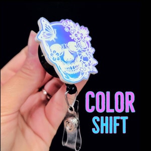 Skull Badge Reel - Xray Badge - Nurse Badge Reel - Floral Skull Badge - Gift for Nurse - Gift for Xray Tech - Cute Badge - Iridescent Badge