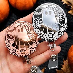 Halloween Badge Reel - Floral Ghost Badge Reel - Cute Badge Reel - Retro Badge Reel - Fall Badge - Rose Gold Badge - Nurse Badge, Xray Badge