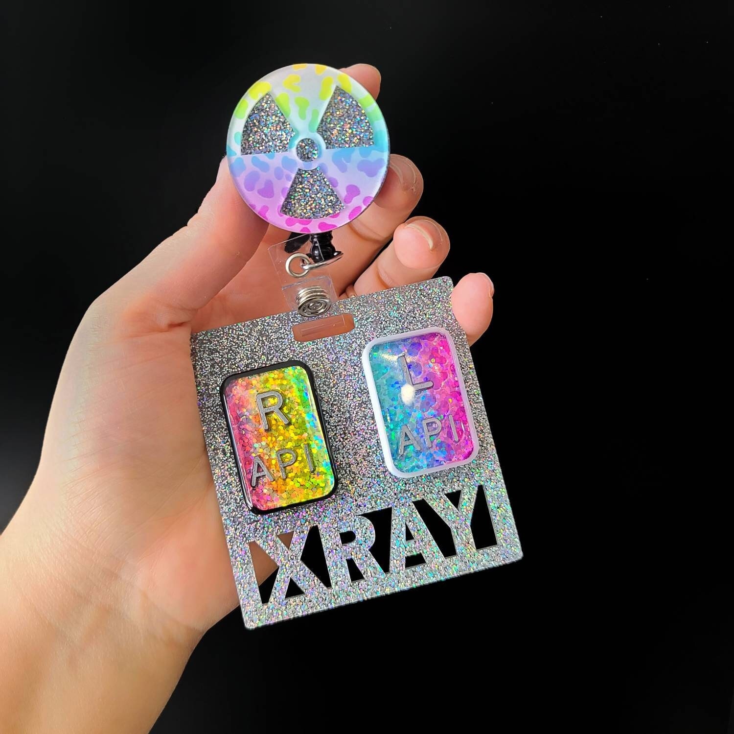 Xray Markers, Badge Reel and Badge Buddy Set - Rainbow Glitter Set - Rainbow Xray Markers - Glitter Xray Badge Reel - Holographic Badge