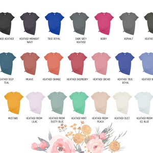 May include: A chart showing 18 different colors of t-shirts. The colors include black, navy, royal blue, grey, berry, asphalt, forest green, teal, mauve, orange, raspberry, orchid, true royal, blue, mustard, lilac, dusty blue, mint, peach, dust, and ice blue.